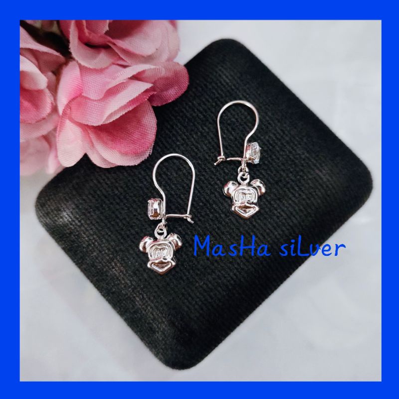 ANTING PERAK ANAK ASLI SILVER 925 MODEL KAIT MICKEY MOUSE LAPIS MAS PUTIH