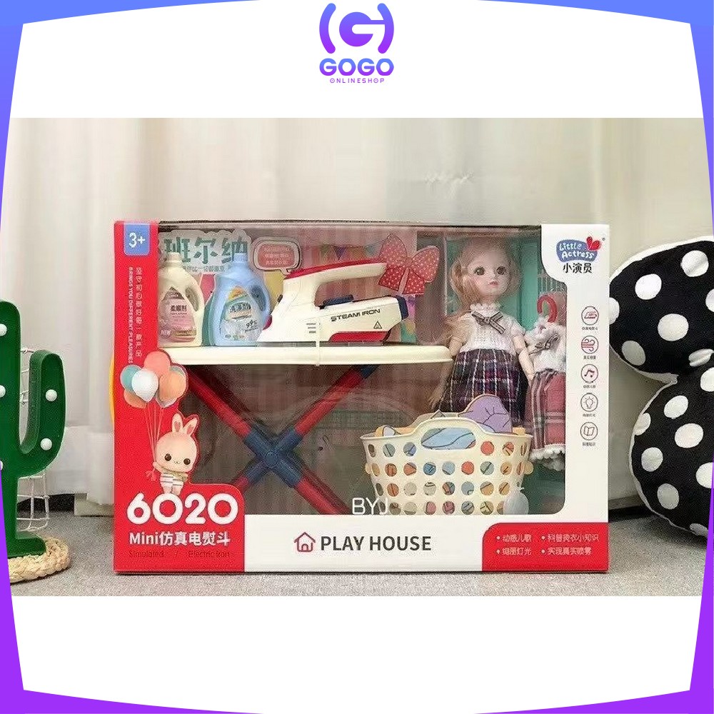 GOGO-M187 Mainan Setrika Uap Anak Perempuan Playhouse Set Pretend Play Mainan Laundry + Boneka Anak