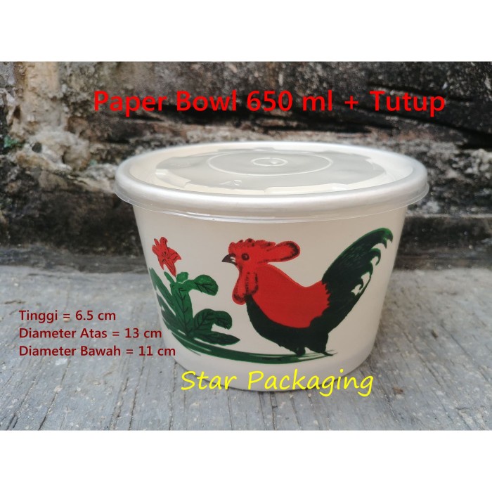 Paper Bowl 650 Ml Ayam Jago Isi 50Pcs + Tutup