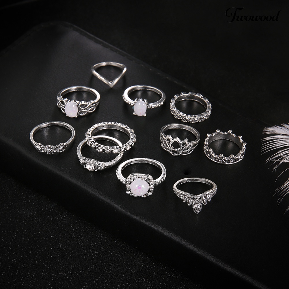 Set 11Pcs Cincin Knuckle Stacking Hias Opal Berlian Imitasi Untuk Wanita