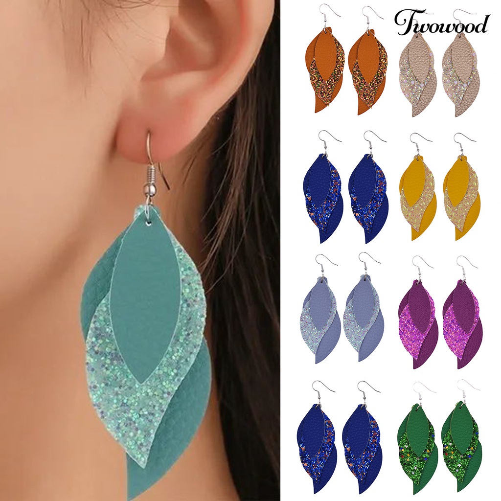 1 Pasang Anting Kait Juntai Bentuk Daun Multi Layer