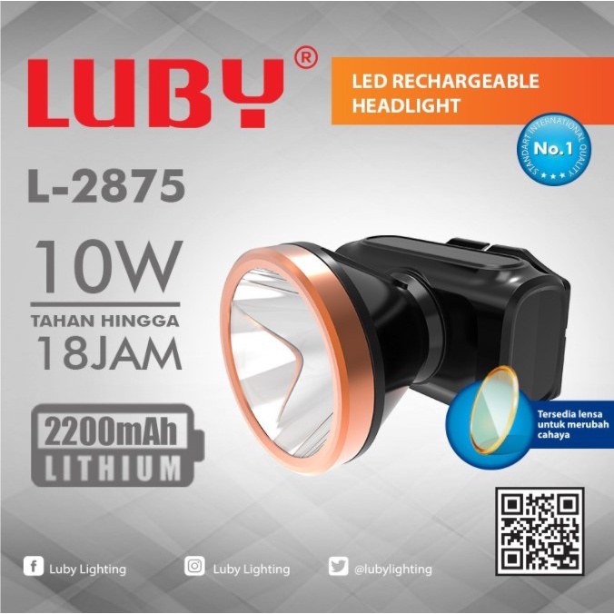 COD Senter Kepala LED Luby 10 Watt L-2875 Headlamp Putih Charger Original