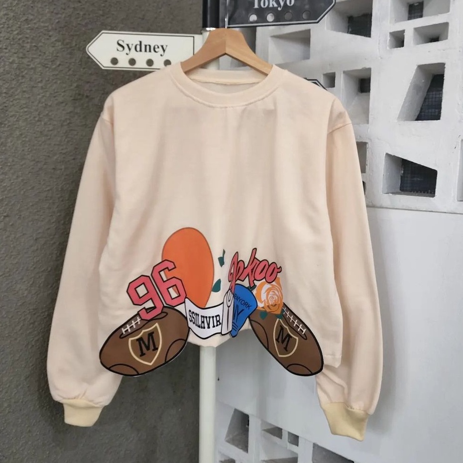 Sweater Croop Wanita 96 M Rugby Crewneck Lucu Bahan Fleece