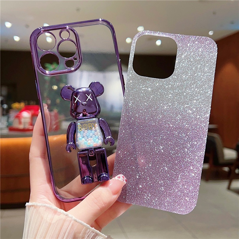 IPHONE Plating Candy Bear Bracket Glitter Powder Casing Ponsel Transparan Kompatibel Dengan Iphone14 13 12 11 Pro Max14 Plus Casing Lembut Anti Jatuh Anti slip