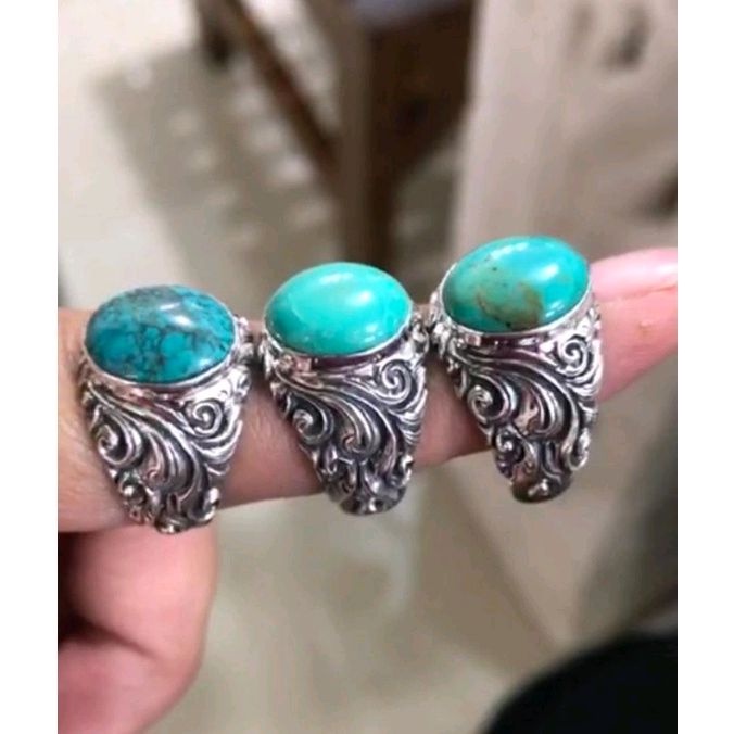 cincin ring perak silver bali 925 ukir batu natural pirus turquoise pria laki custom