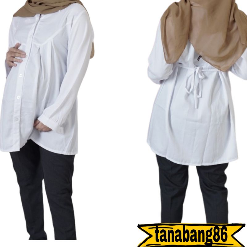 kemeja ibu hamil warna putih/baju ibu hamil warna putih/dres hamil warna putih/baju hamil kerja warna putih