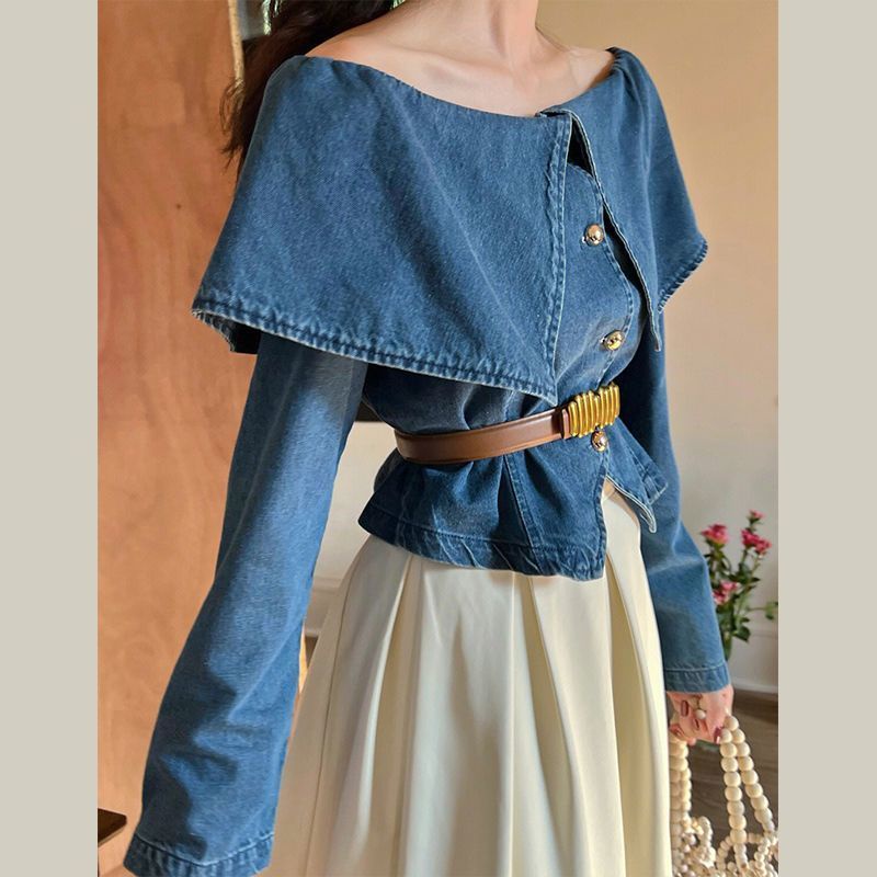 Suhao Suit Wanita 2022 Musim Gugur Baru Bahasa Perancis Retro One-Shoulder Denim Top Tinggi Pinggang Rok Setelan Jas Wanita