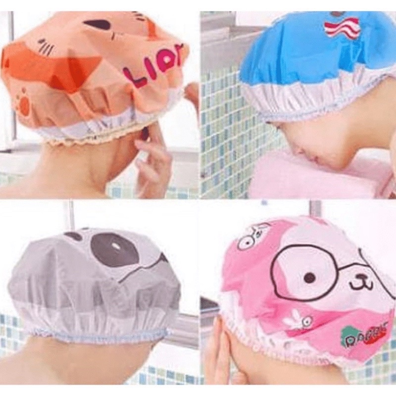 BOS - Dua Warna Shower Cap Karakter Topi Keramas Penutup Rambut Anak Dewasa Bahan Plastik PVC