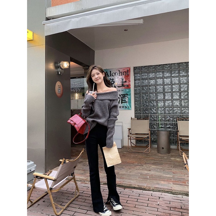 Suhao abu-abu one-shoulder sweater wanita musim gugur dan musim dingin 2022 baru gaya malas wanita elegan slim off-the-shoulder sweater rajutan lengan panjang