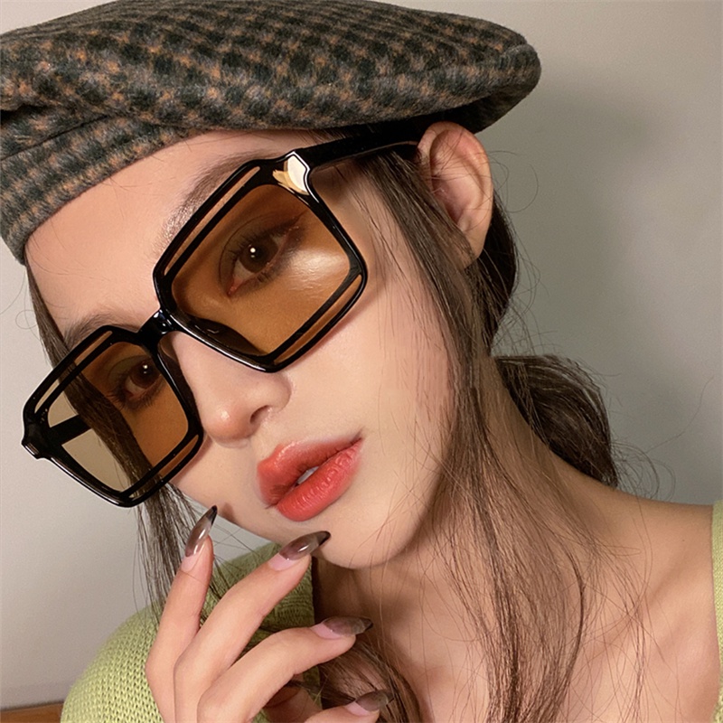 Papaozhu Ins Trendy Lensa Coklat Muda Besar Persegi Kacamata Hitam Untuk Wanita Pria Oversized Aesthetic Shades Outdoor Driving Eyewear Street Fashion Eyeglasses