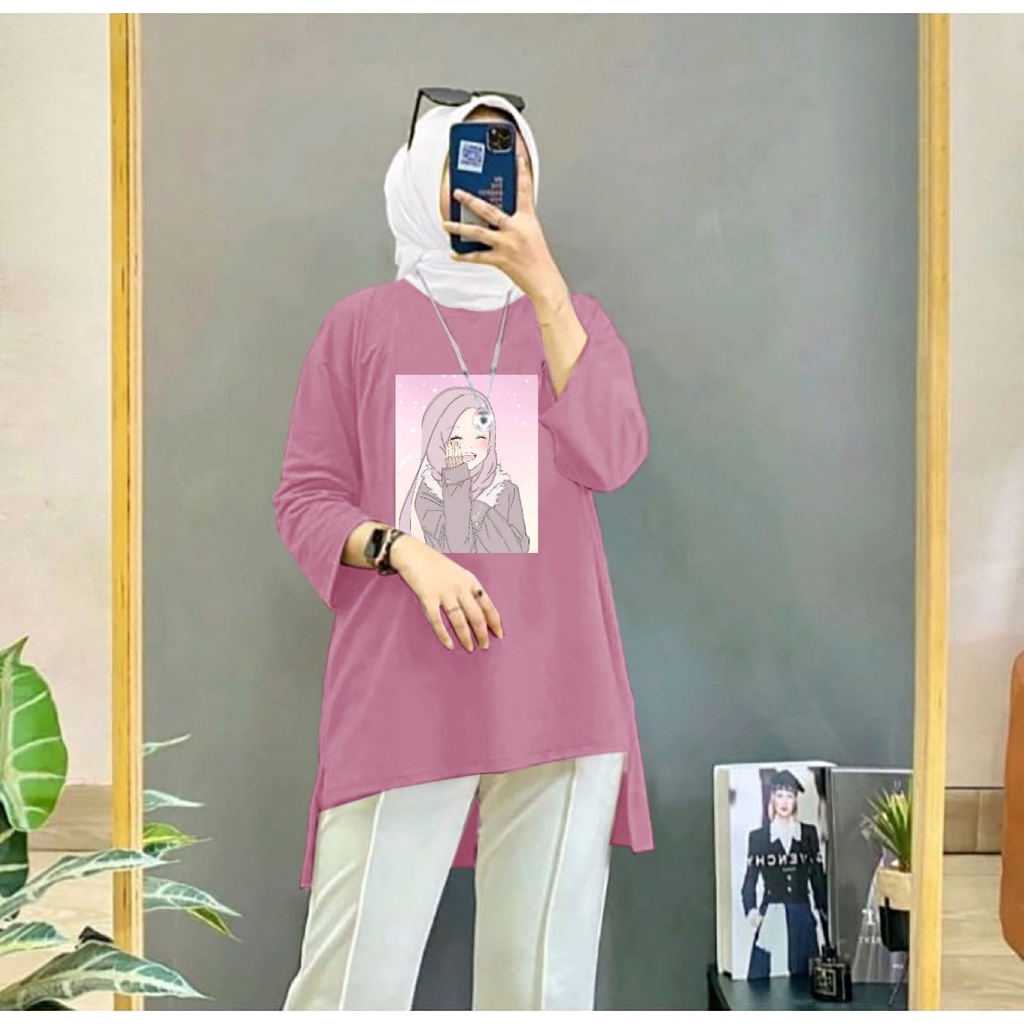 KIYOWO-Baju Atasan Blouse Tunik Hijab Fashion Motif DTF Lengan Panjang Pria