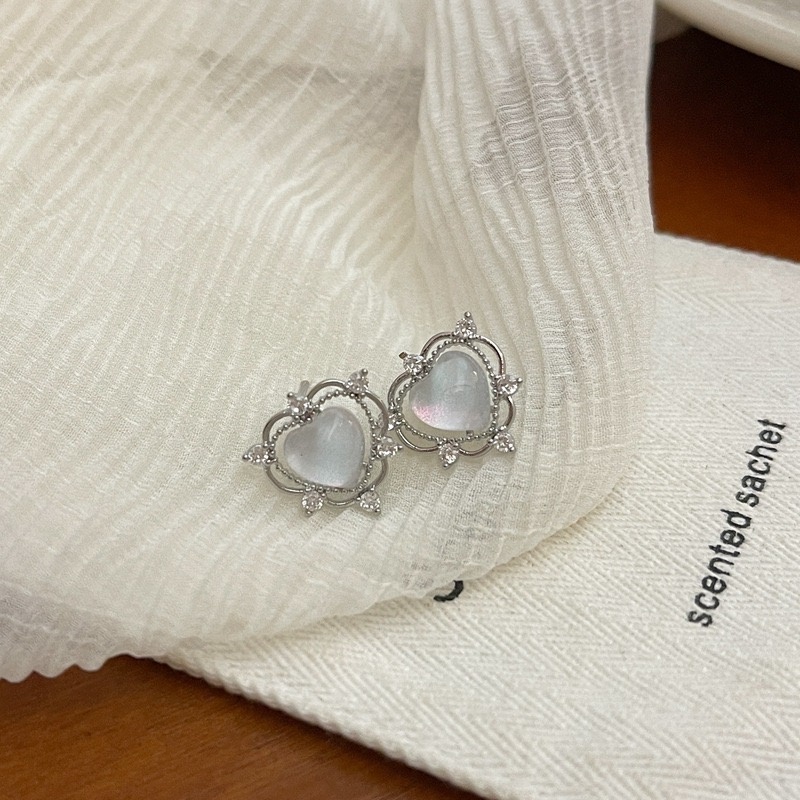 Anting Tusuk Silver Wanita Desain Hati Hias Opal Gaya Korea