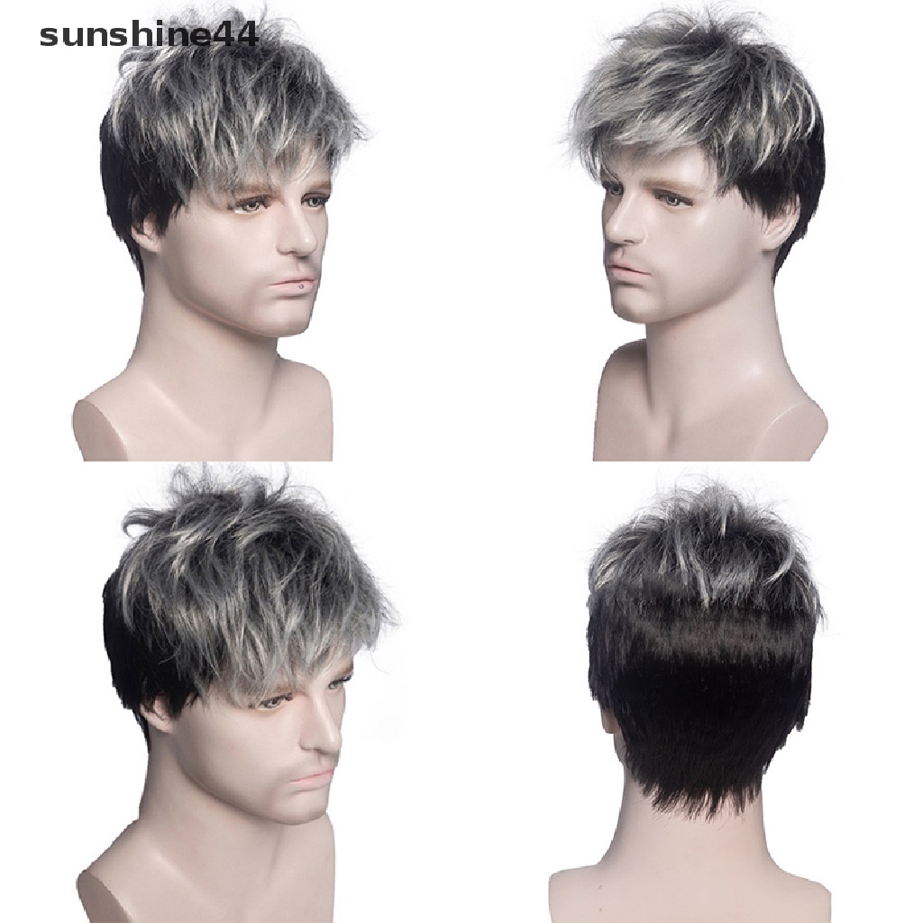 Sunshine Wig / Rambut Palsu Pria Model Pendek Keriting Warna Abu-Abu Tua / Coklat Tua