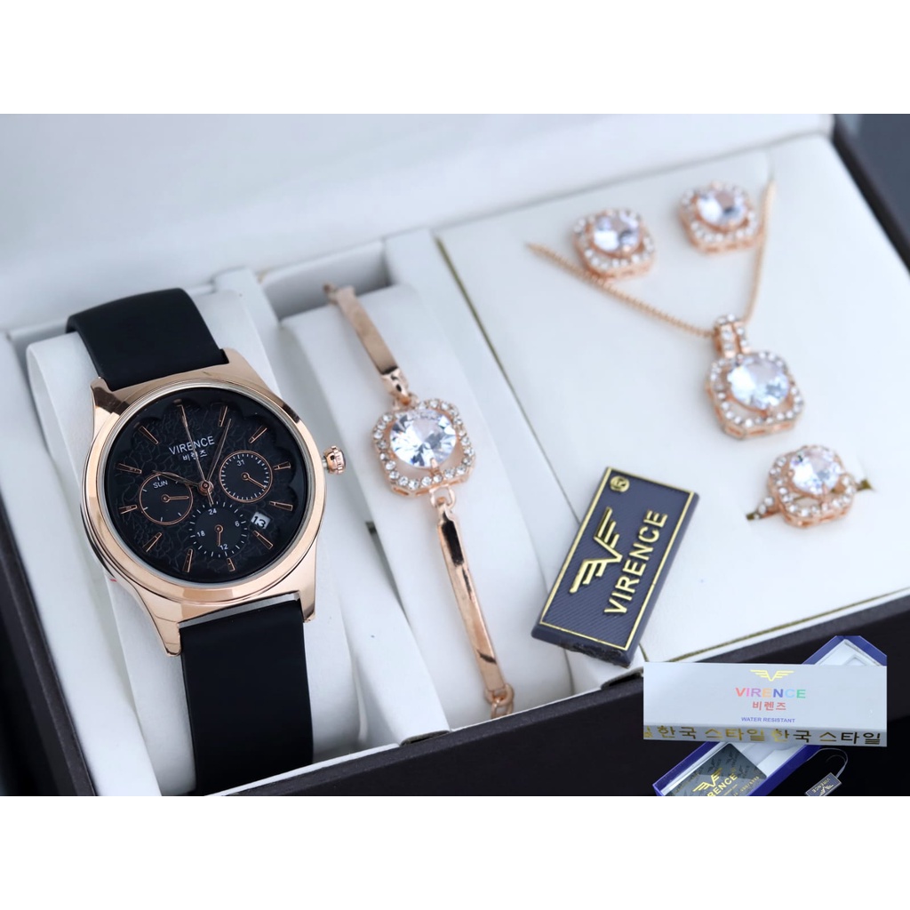 Jam tangan Wanita Strap Karet VIRENCE Tanggal Aktif Chrono Variasi Original Garansi Dan Water Resistance