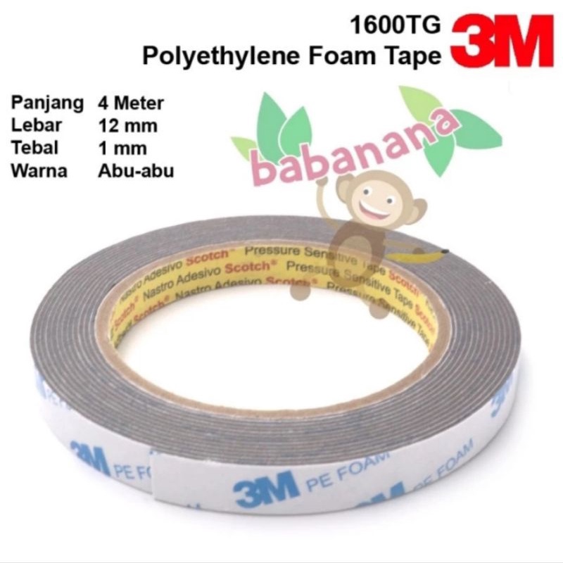 Double Sided Tape Foam 3M 1600TG Abu-abu 4M x 12mm x 1.0mm dobel tip