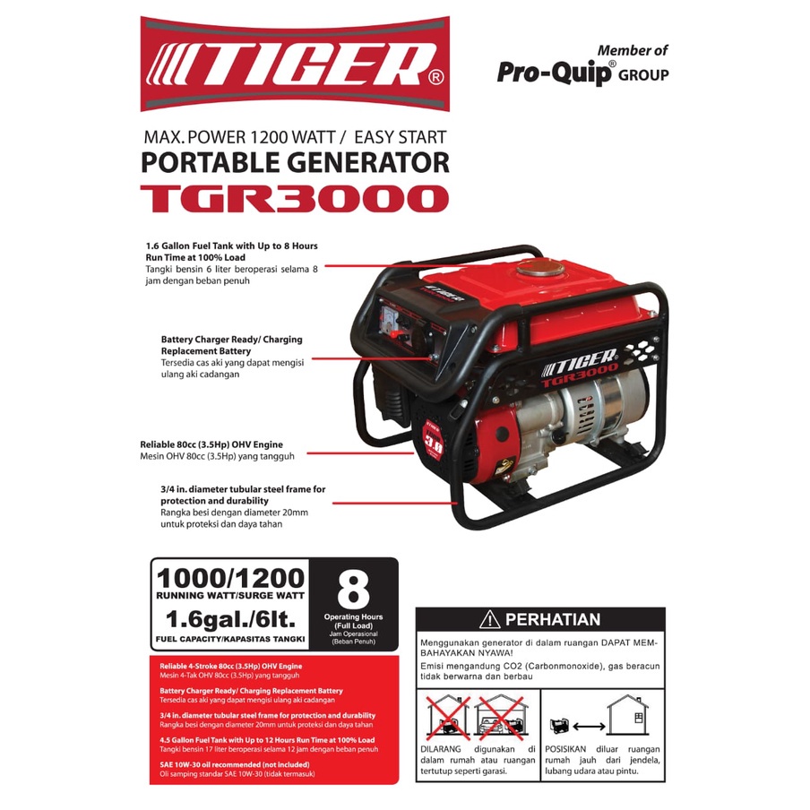 Genset Bensin 4 Tak Kapasitas 1200 Watt TGR 3000 TIGER / Portable Generator 1200W 4Tak TGR3000 TIGER