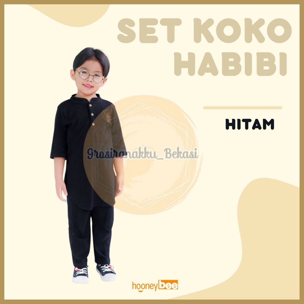 Setelan Koko Anak Habibi Junior Hooneybee Warna Hitam Size 2-10 TAHUN