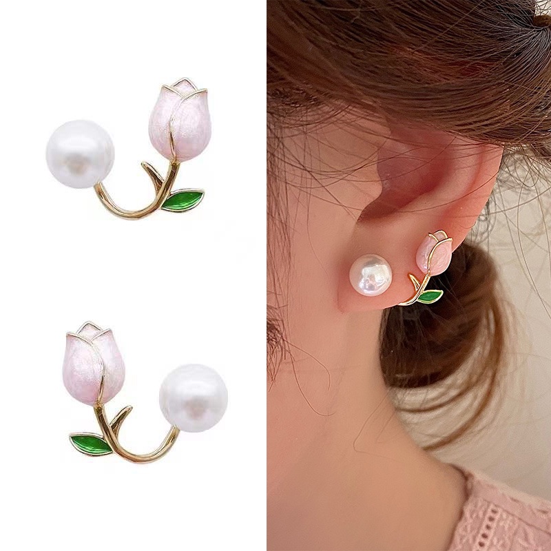 Anting Stud Zircon Mutiara Bentuk Bunga Tulip Warna Pink Gaya Korea Untuk Wanita