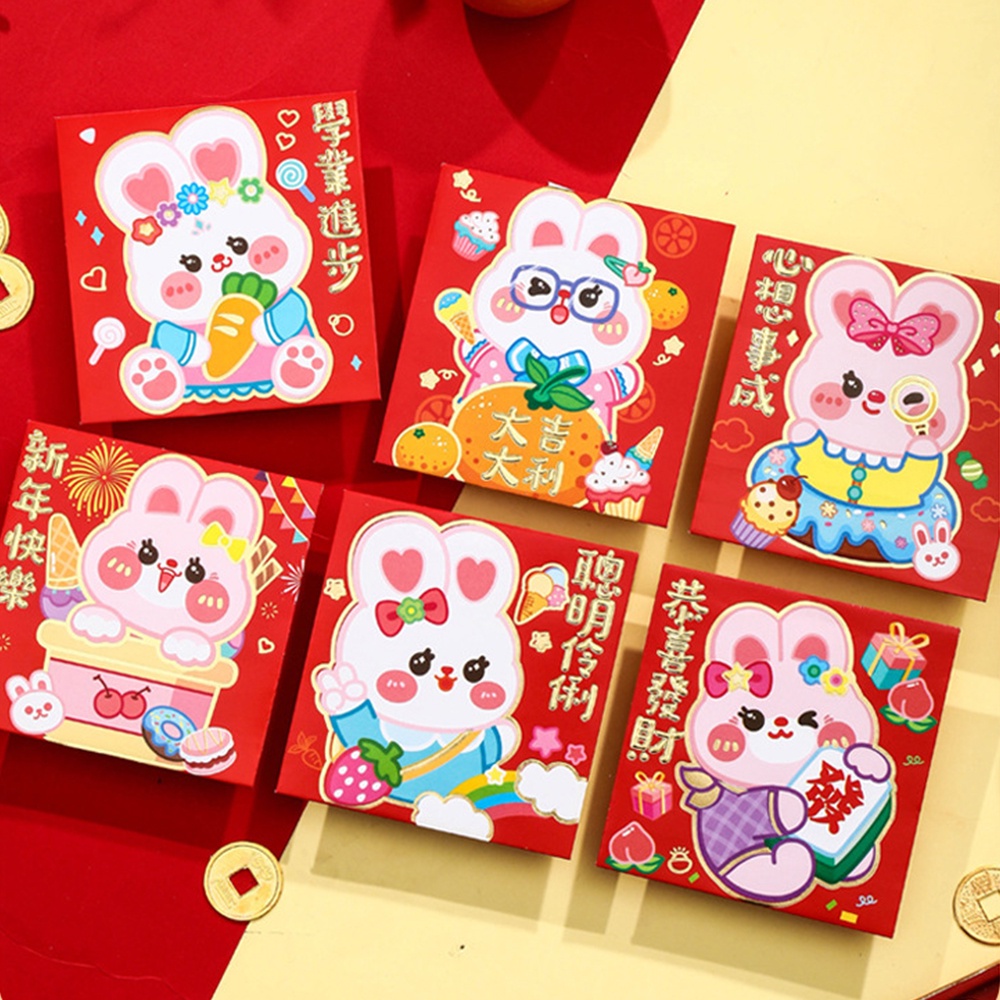 6pcs Amplop Angpao Tahun Baru Cina / Imlek Desain Kartun Kelinci Warna Merah Tipe 3 / 2023