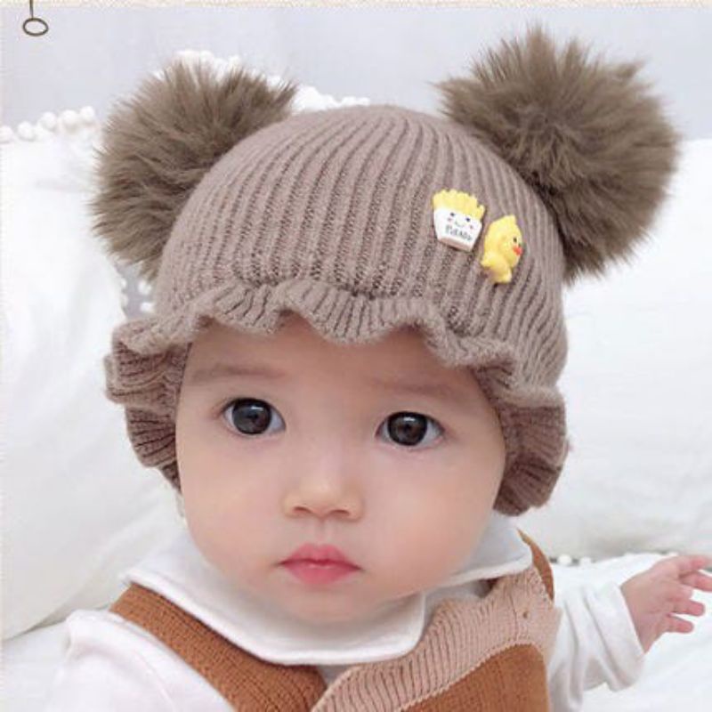 Topi bayi anak pompom renda bunga