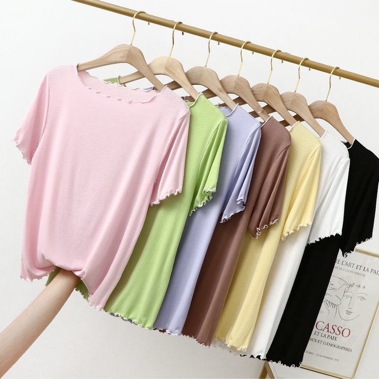 UNINICE T-shirt lengan pendek Ruffle modal Jepang 7 warna, atasan kasual dan serasi/Pakaian rumah, pakaian santai