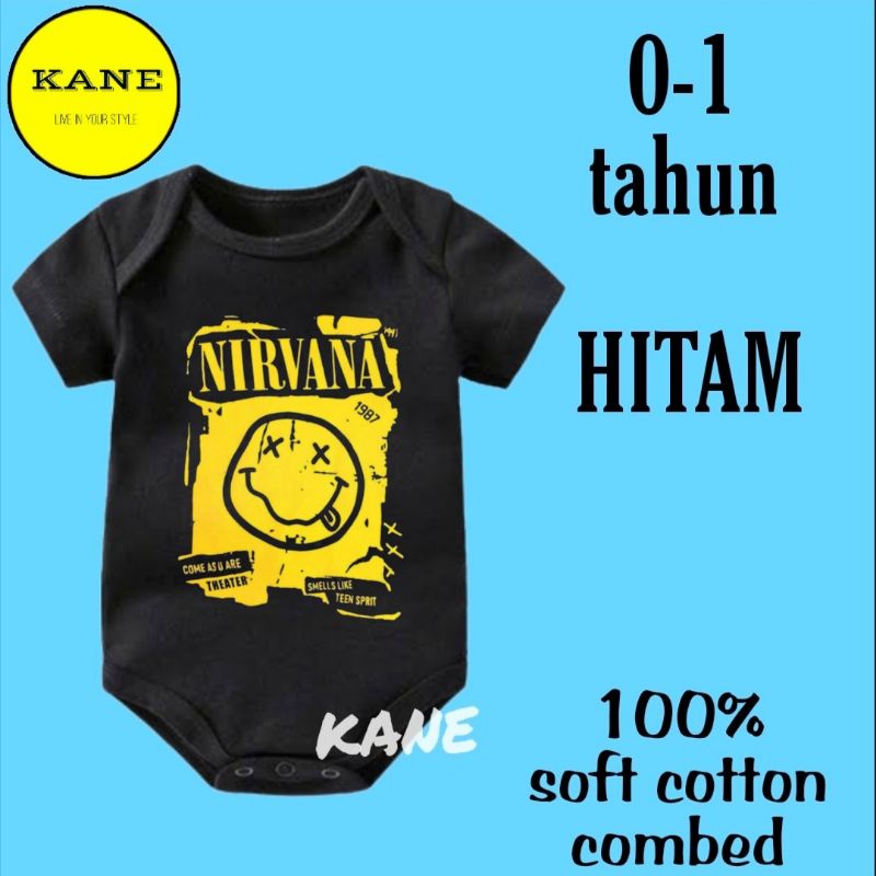 Kaos baju bayi jumper baby NIRVANA BAND METAL HEAVY ROCK kartun lucu brand merk logo tulisan custom usia 0 1 2 3 4 5 6 7 8 9 10 11 12 bulan sampai umur 1 tahun adem jumpsuit babysuit romper bodysuit little anak kecil hitam style best seller bisa COD