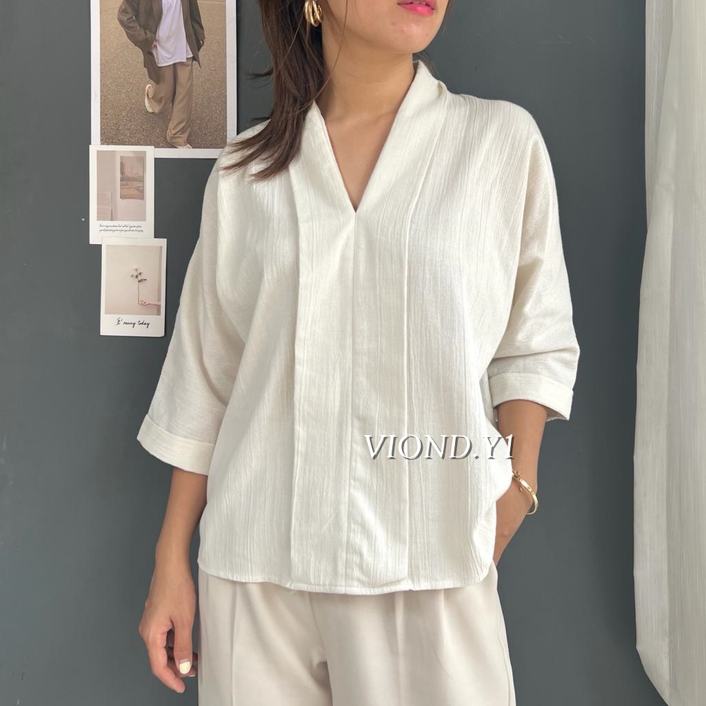 Blouse Korea V Neck Casual / Blouse Wanita Kringkel Linen E12