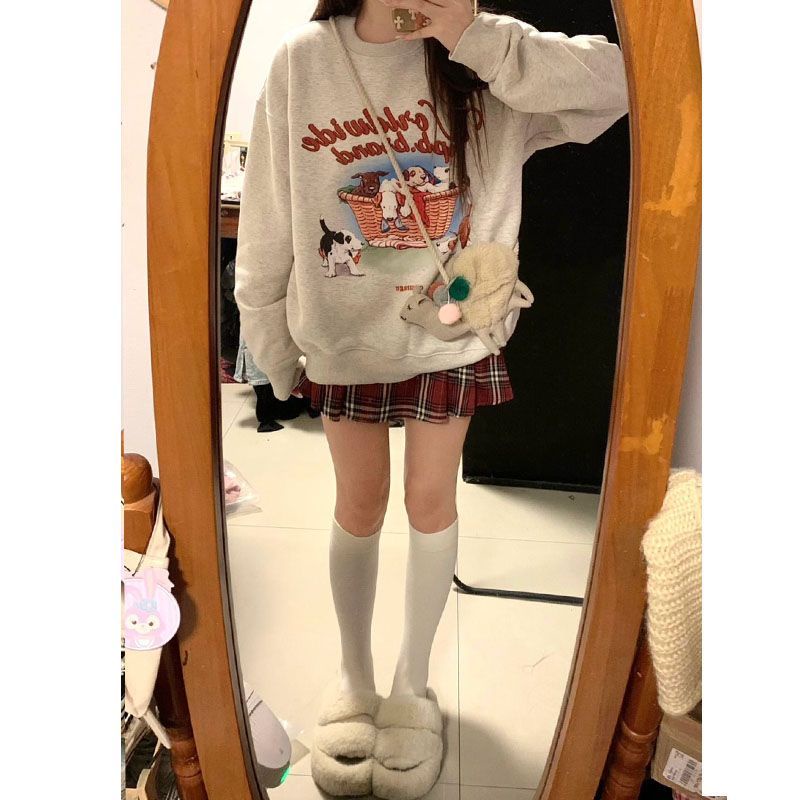 2022 Musim Gugur dan Musim Dingin Plus Beludru Tebal Sweater Siswa Perempuan Longgar Ins Versi Korea dari Merek Trendi Oversize Jaket atasan Lengan Panjang