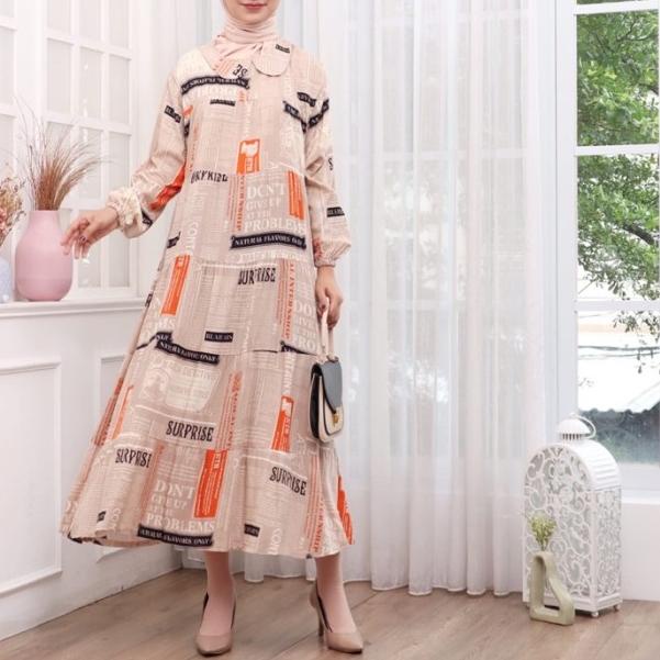 MIDI DRESS RAYON BANYAK MOTIF BUNGA ADEM MUSLIMAH LONG TUNIK SALUR - Cerita Putih