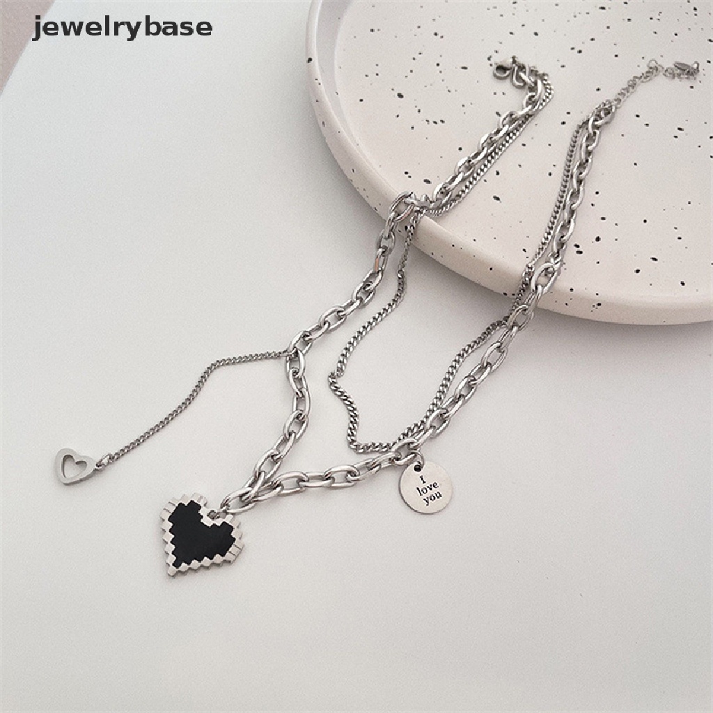 Kalung Double Layer Bentuk Hati Hollow Mosaik Warna Hitam Gaya Punk