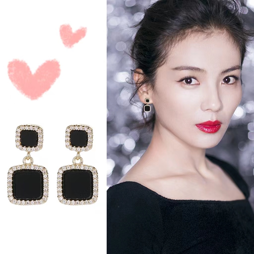 Silver Korea Anting Pentagram Anting Berlian Bulat / Anting Pentagram Korea Berlian Bulat Wanita