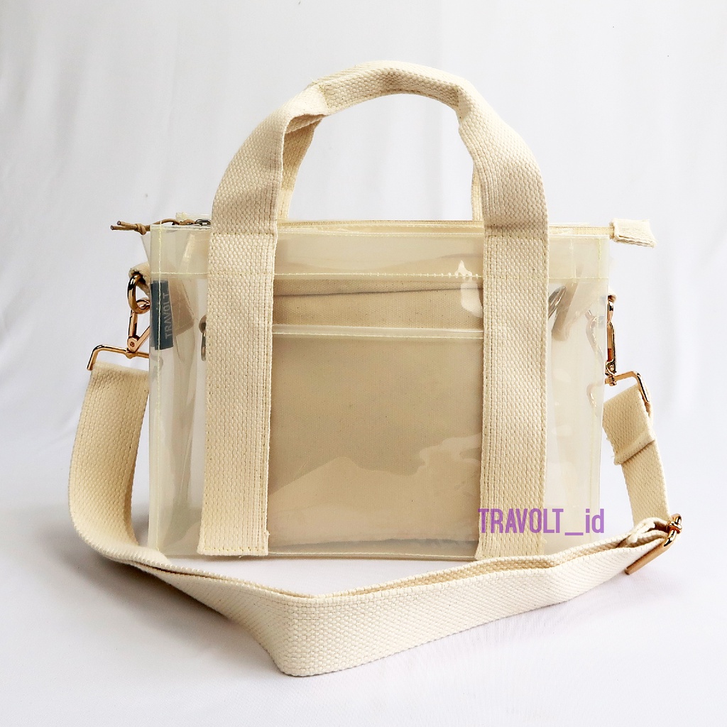 Tas Selempang Transparan Resleting - Travolt - Sling bag pouch - Tas PVC Mika Putih tebal - Tas Konser KPOP - Hand bag Tas Selempang - PUTIH List Gyeong