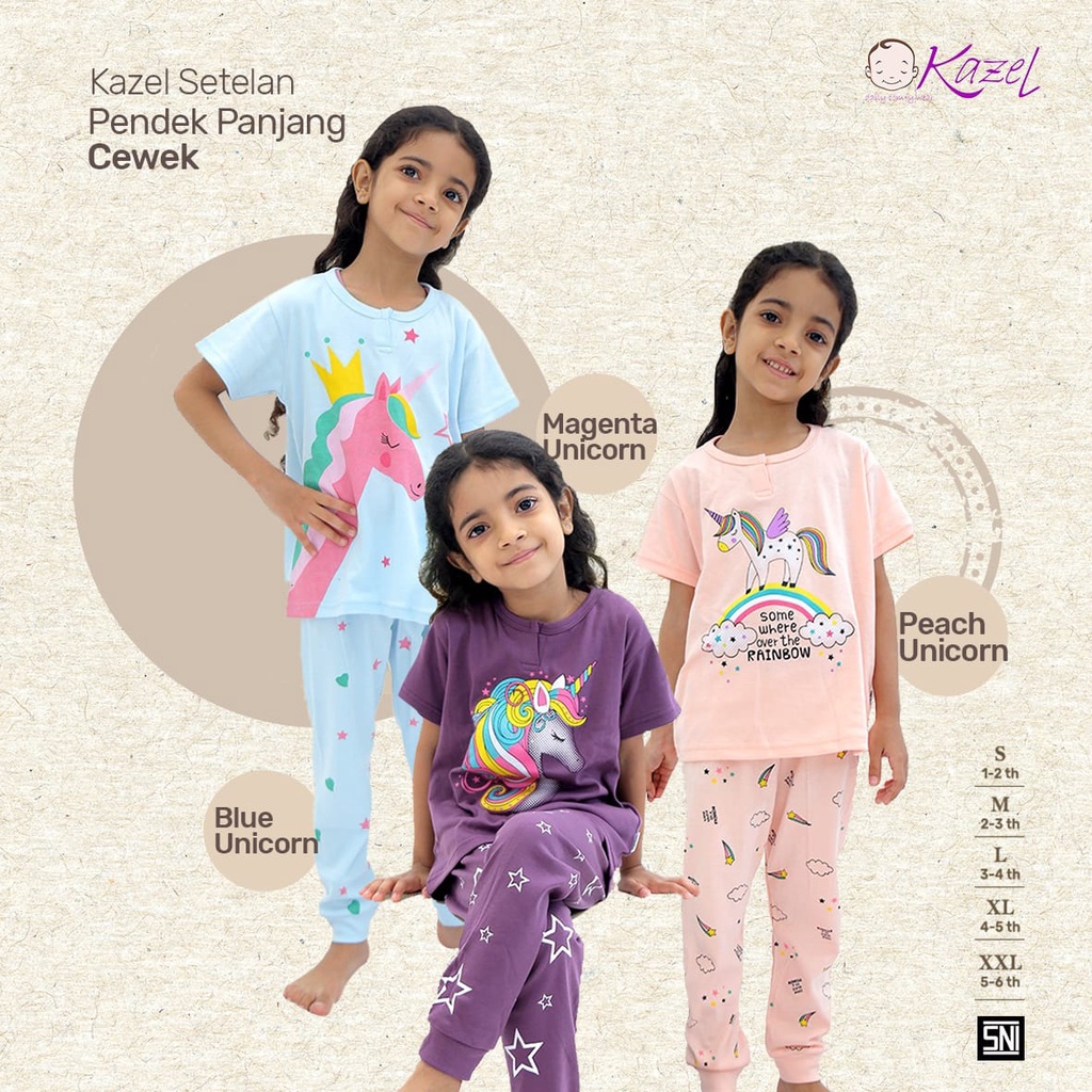 1 PCS KAZEL SETELAN PENDEK PANJANG DINO DAN UNICORN EDITION BAJU PENDEK CELANA PANJANG ANAK 1 - 6 TAHUN