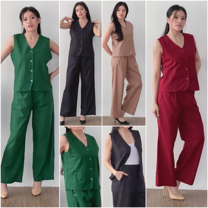 ⚡️CLEARANCE SALE ♡ PREMIUM ♡ ORIGINAL ! SHERLYN 2 IN 1 SET BUTTON  VEST OUTER WITH LONG CULLOTE PANTS / SETELAN  ROMPI  &amp; CELANA KULOT PANJANG ( HIJAB FRIENDLY )