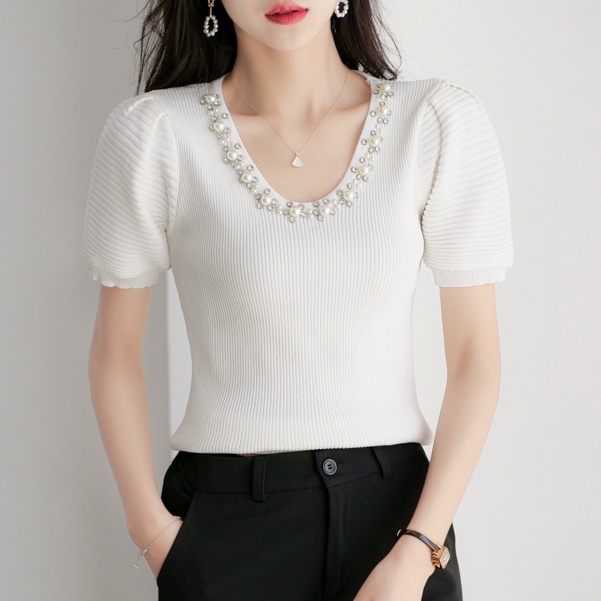 【Elegant】Korean Retro Soft Knit V Neck T-Shirt 2354