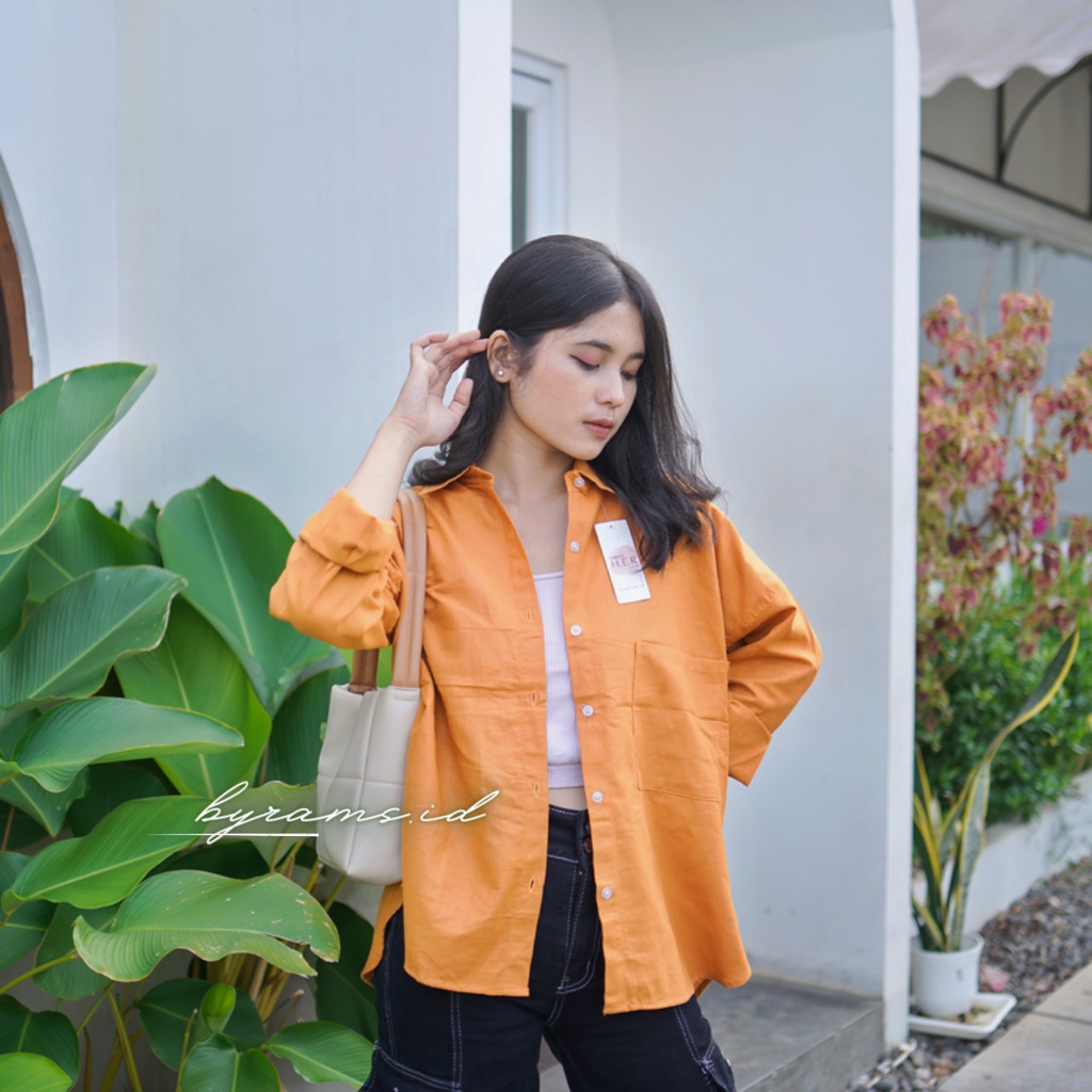 Kemeja Wanita Oversize Linen Olivia Shirt Linen Pocket Oversize-CARAMEL