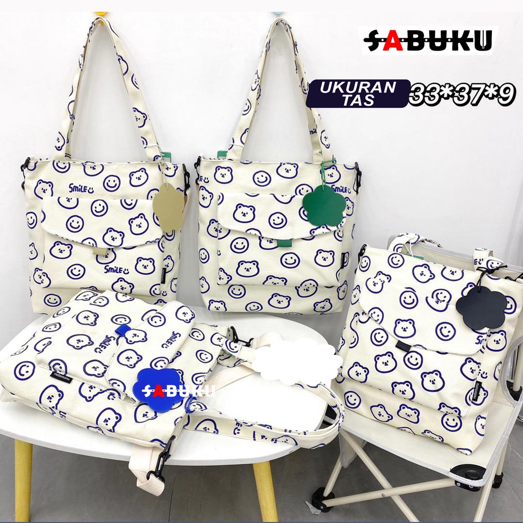 Tas Wanita Tote Bag Resleting Totebag Kuliah Cewek Kekinian Bahan Kanvas Tas Selempang SMILE -271