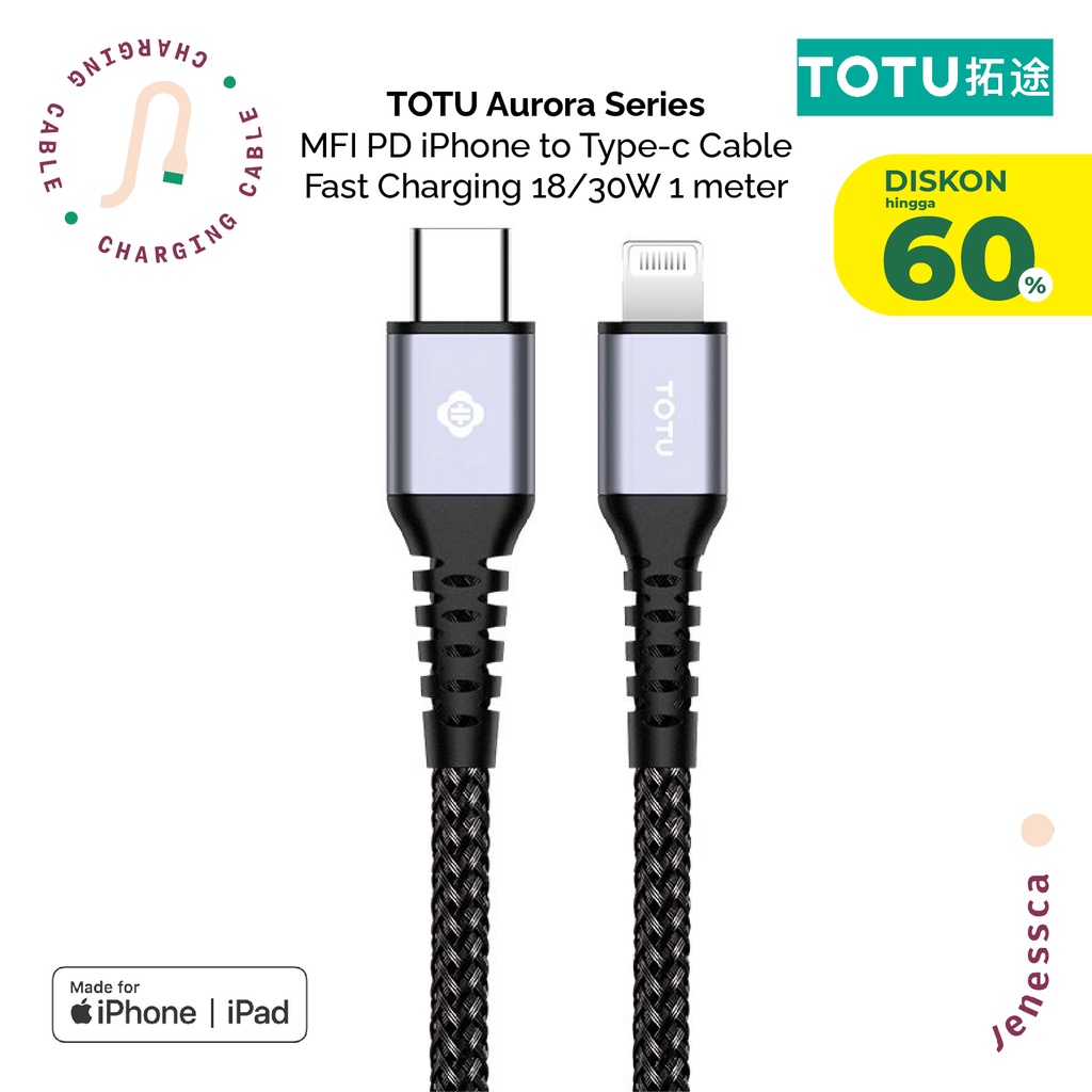 Kabel Data MFI iPhone TOTU PD Type C To Lightning 18W/20W 1 Meter