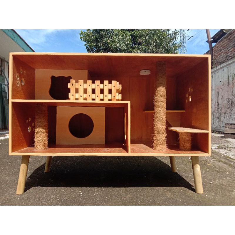 bufet nakas kandang kucing, garukan, hambalan & mainan kucing eksklusif bahan kayu premium