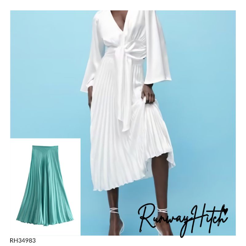 ROK MIDI SATIN PLISKET PUTIH IMPORT RH34983 / ROK SILK PLEATS BIRU