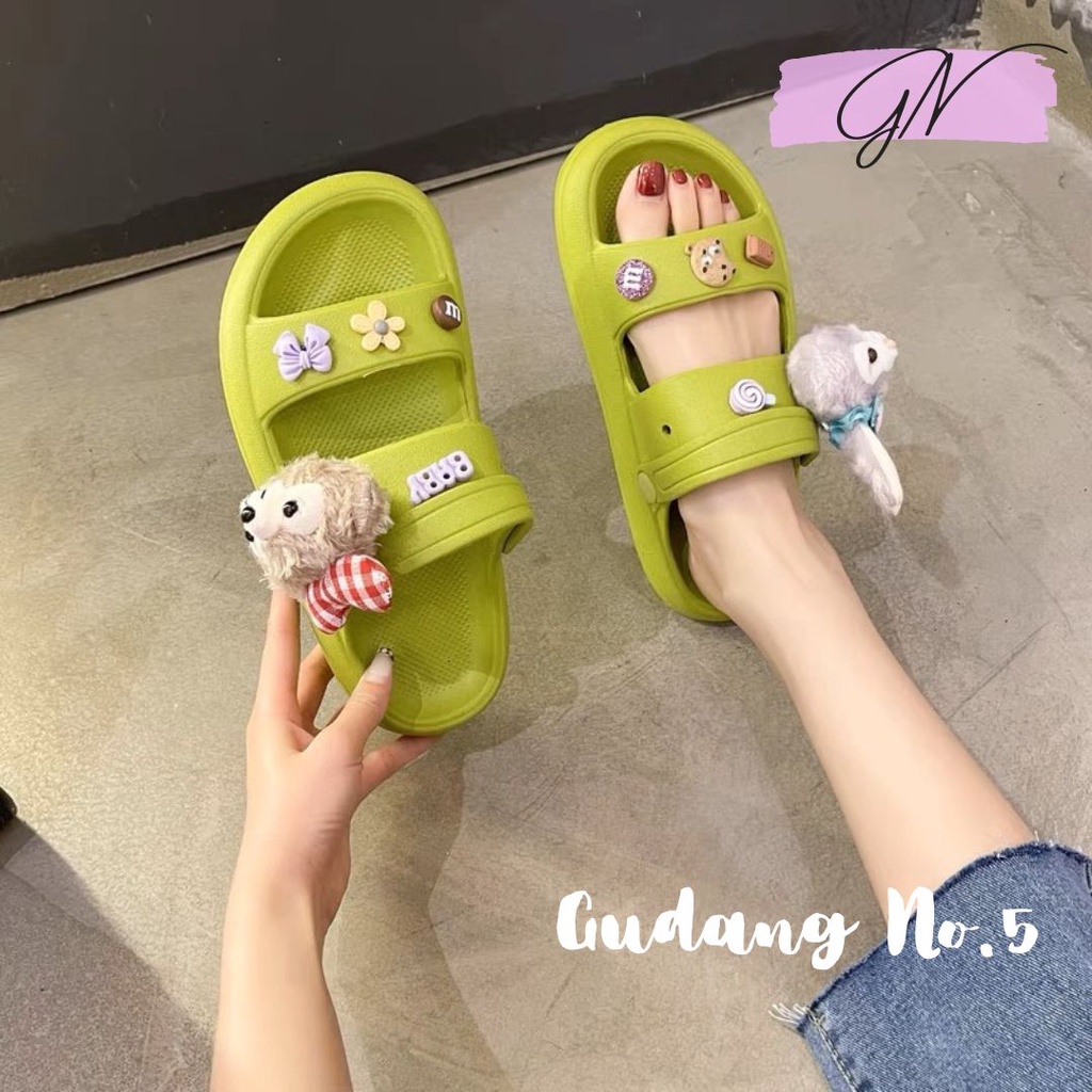 GN-9100-1 &amp; 2 Sandal Selop EVA Rubber Wanita Dengan Jibbitz Motif Cartoon Tali Dua Import