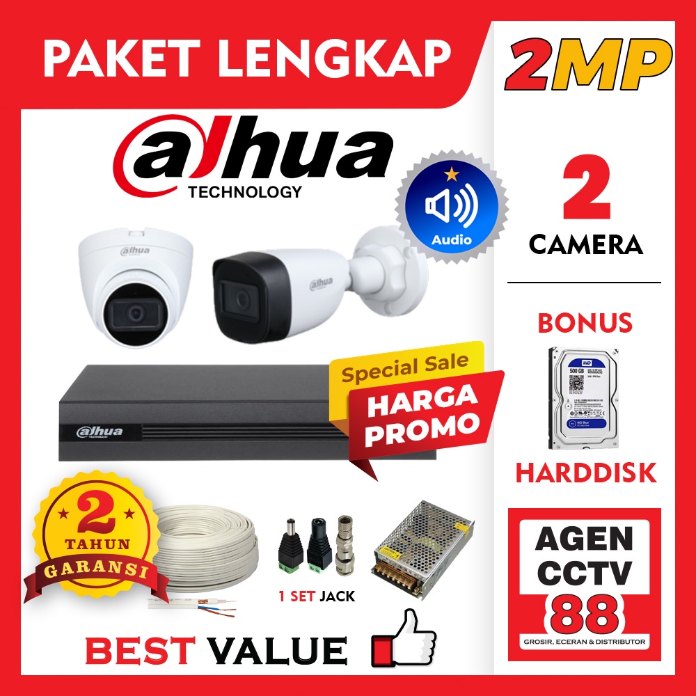 Paket CCTV DAHUA AUDIO MIC 2MP 2CH 2 Channel Kamera Lengkap Kabel +HDD