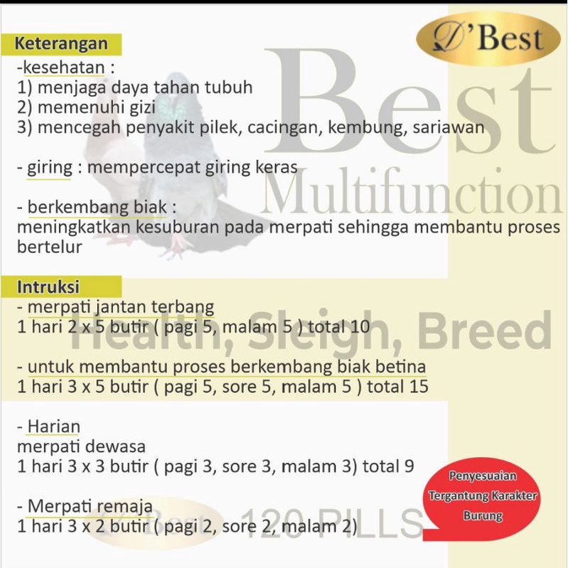PIL MULTIFUNCTION BEST 120 BUTIR JAMU VITAMIN BURUNG MERPATI DARA GIRING KEKET KESEHATAN