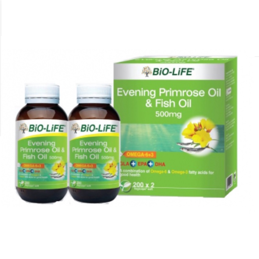 BIO LIFE Evening Primrose Oil EPO & Fish Oil 500mg 200 Capsules x 2