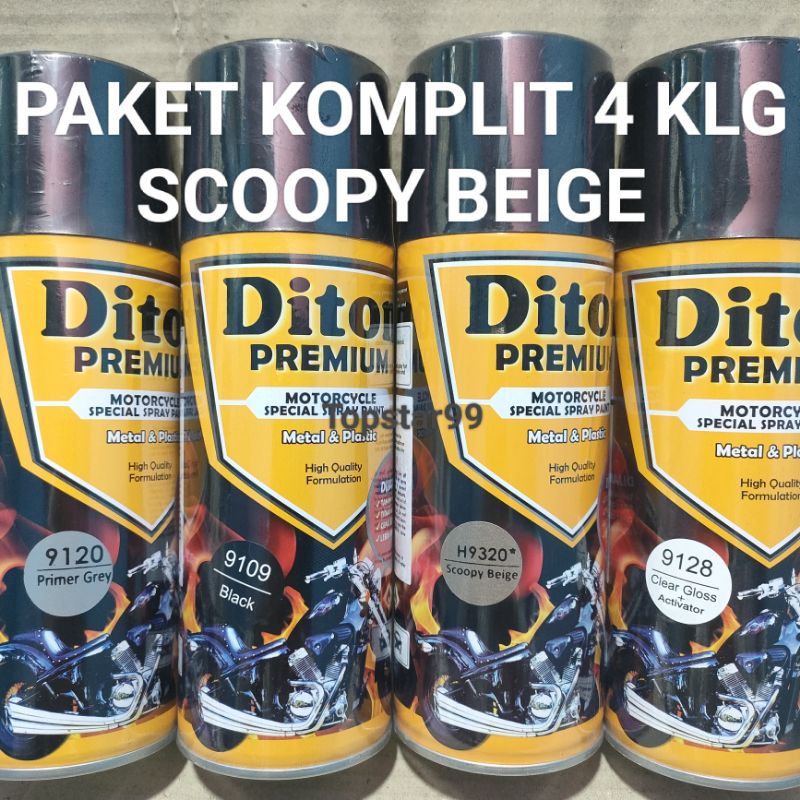 Pilok Cat Diton Premium Paket Komplit 4 Kaleng Scoopy Beige 9320 Primer Grey 9120 Black 9109 Clear Gloss 9128 400cc Pilox Paketan Cat Semprot Special Spray Paint