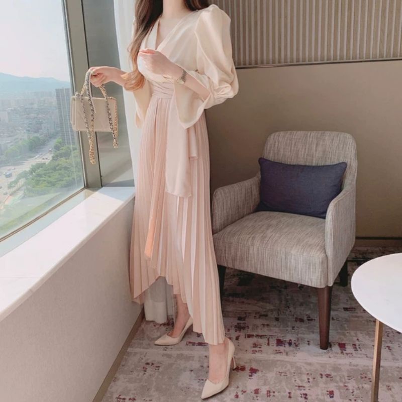 58500 Baju dress WRAP Asymetrical plisket kerah Vneck dres Korea Korean style wanita import baju dre
