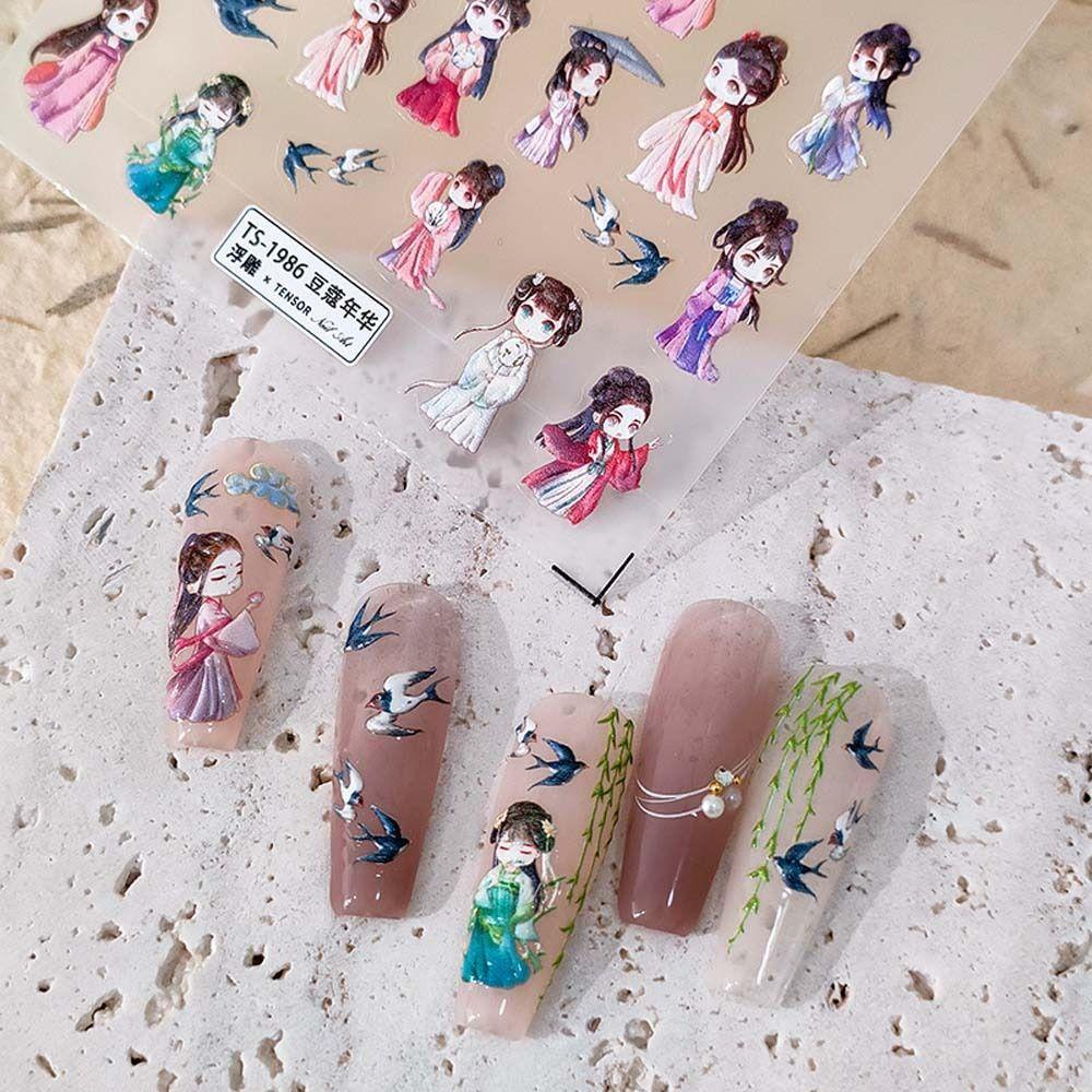 Mxbeauty Stiker Kuku Cina Wanita Fashion Karakter Cina Manicure Aksesoris Swallow Crane Gaya Antik Nail Art Dekorasi