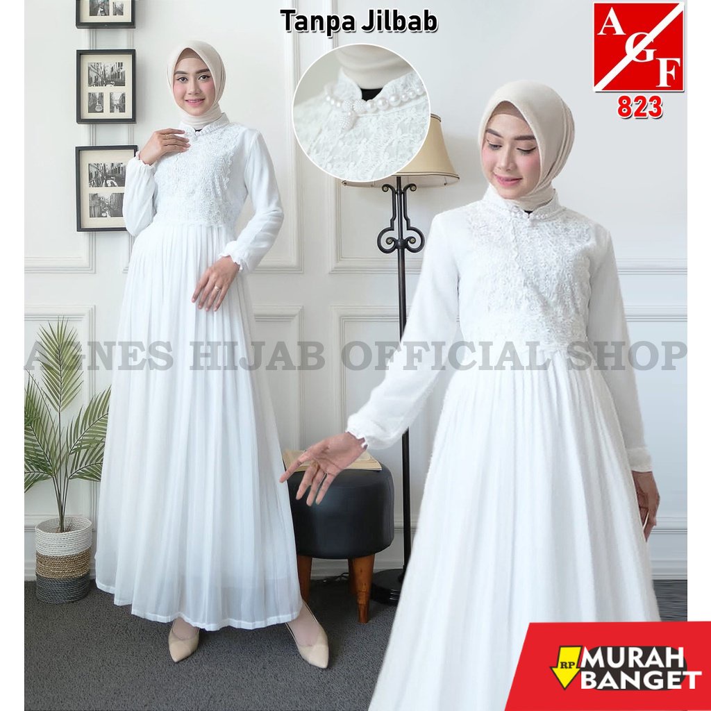 model gamis kombinasi polos terbaru 2022 Agnes Gamis Putih Wanita Gamis Plisket Brukat Baju Muslim W