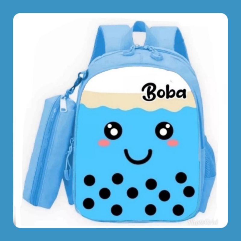 EMOEMO-Tas Boba-Tas Ransel Anak Sekolah Unisex Untuk TK dan SD Karakter Motif BOBA Fashion Trend Kekinian + FREE Tempat Pencil