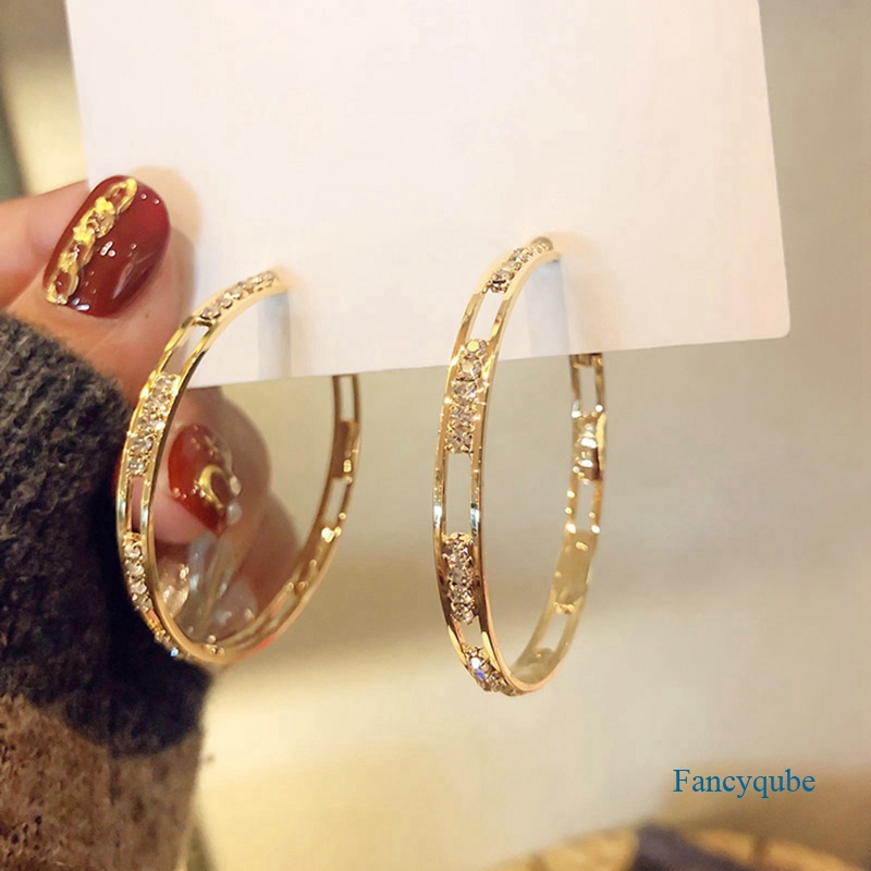 Fancyqube Fancycube Anting Bulat Lapis Emas 18k Dengan Batu Zircon Berkilau Untuk Wanita